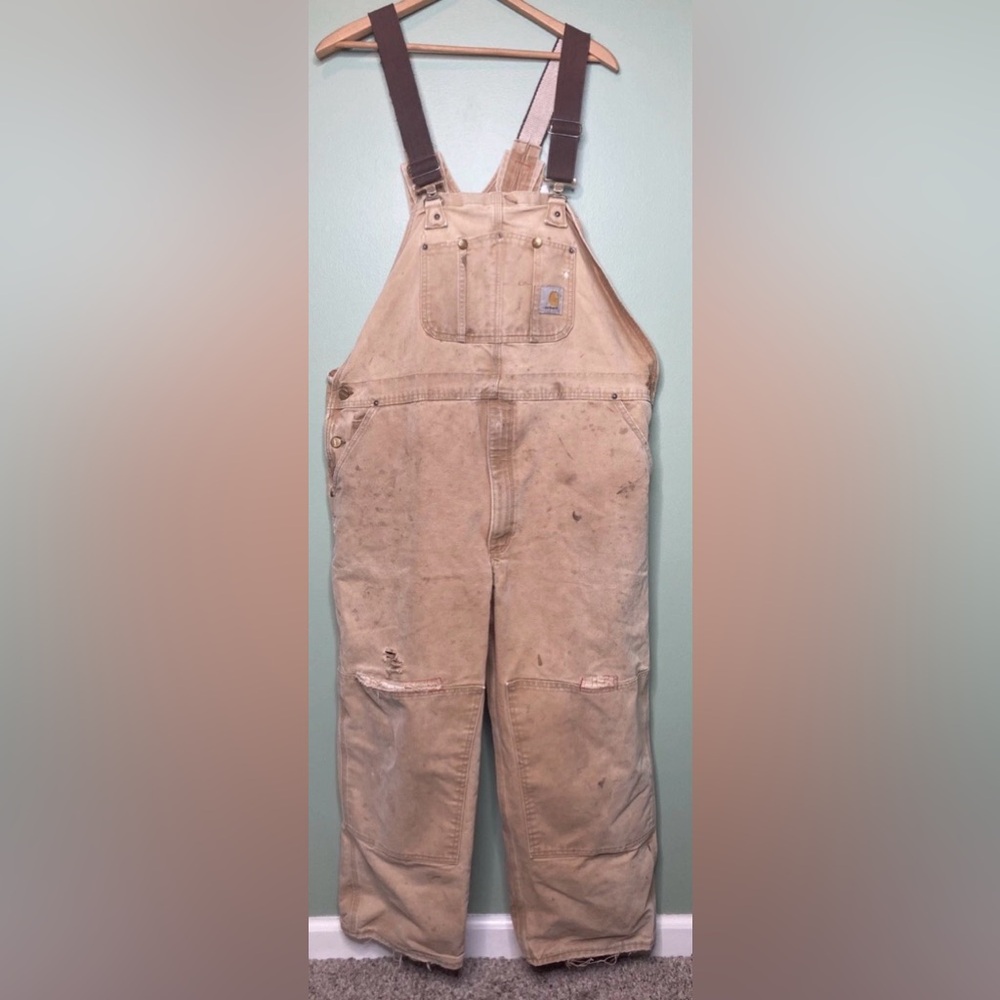 Y2K Carhartt Duck Bib Overalls Mens 46x28 Brown Double Knee Workwear Rips Mended